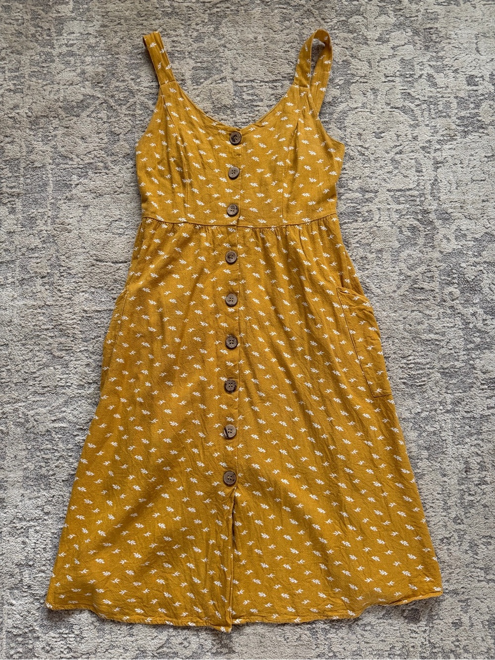 Blu Pepper Mustard Yellow Floral Print Button Front Midi Dress Adjustable Straps